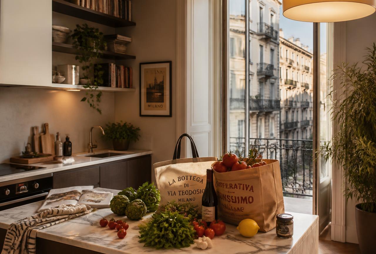 Cucina attrezzata di un appartamento a Milano con ingredienti freschi italiani