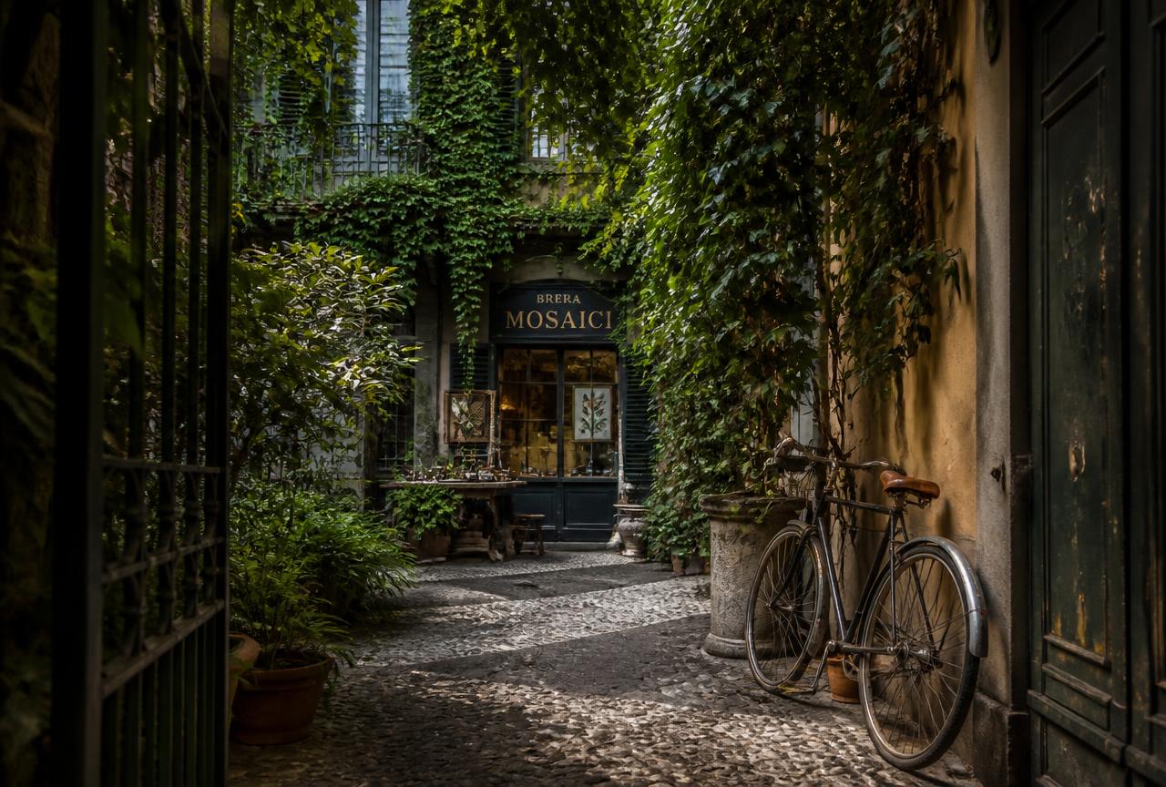 Cortile nascosto nel quartiere Brera a Milano con edera e biciclette
